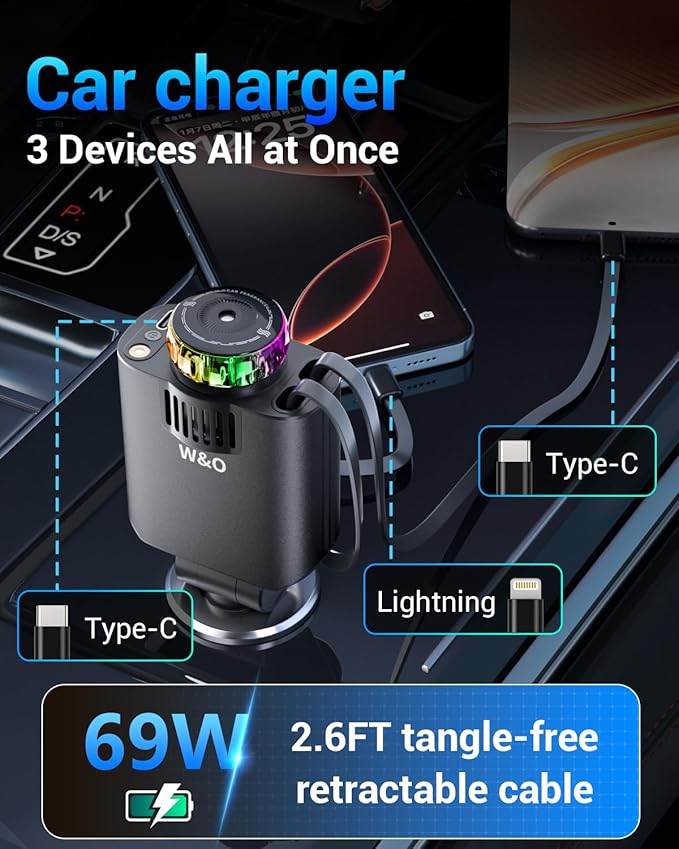 W & O Car Charger Fast Charger for iPhone17/16/15,69W Retractable car Charger with Aromatherapy and Starlight,5 in 1 Fast Car Charger with L/C Cables,Car Charger Adapter for iPhone,Android（Purple） - Image 8