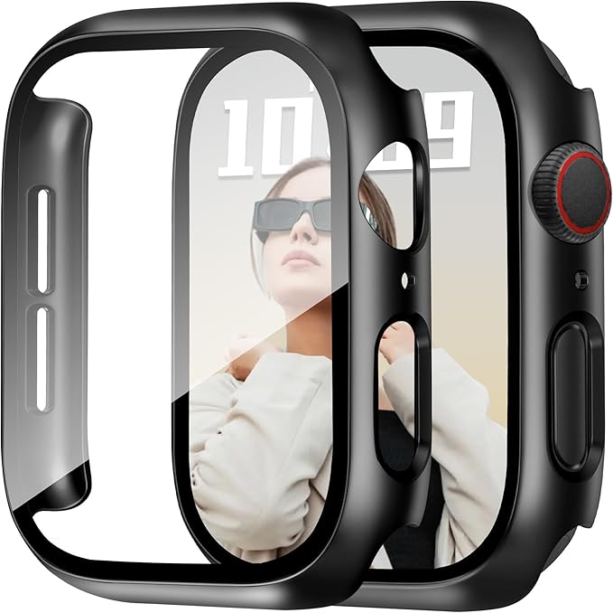 JR.DM 46mm 2 Pack Hard PC Case with HD Tempered Glass Screen Protector for Apple Watch Series 10/11 (2025), Guard Bumper Full Coverage Protective Anti-Scratch Face Cover for iWatch, Black+ Black by JRDM