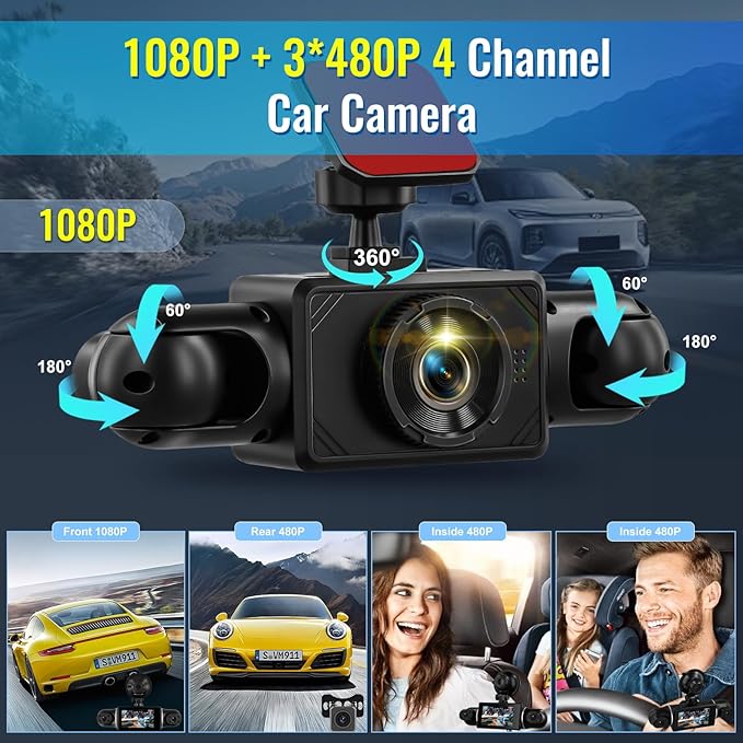 NHOPEEW 4 Channel Dash Cam 360° Front and Rear Inside Left Right, Dash Camera for Cars, Built-in Night Vision, Sensitive Motion Detection, Motion Detection, Parking Mode, Loop Recording + 32G TF Card - Image 3