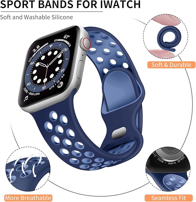 Lerobo Compatible with Apple Watch Band SE SE 3 SE 2 Series 6 5 4 40mm 11 10 42mm Series 9 8 7 41mm Series 3 2 1 38mm Women Men for iWatch Bands Breathable Soft Silicone Sport Strap, Yankees Blue - Image 2