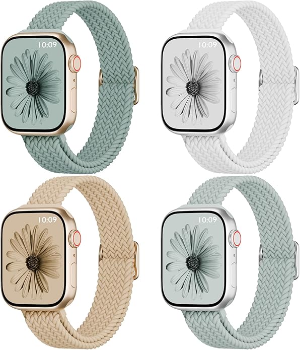 4 Pack Slim Braided Stretchy Compatible with Apple Watch Band 38mm 42mm 40mm 44mm 41mm 45mm 46mm 49mm Women Men, Solo Loop Nylon Thin Strap for iWatch Series 11 10 9 8 7 SE 6 5 4 3 Ultra by DYKEISS