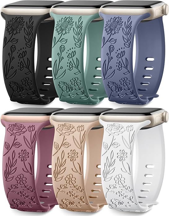 SNBLK 6 Pack Floral Engraved Bands Compatible with Apple Watch Bands 40mm 41mm 42mm 38mm 44mm 45mm 46mm 49mm Women Men, Silicone Flower Pattern Strap for iWatch Series 11 10 Se Ultra 9 8 7 6 5 4 3 2 1 by SNBLK