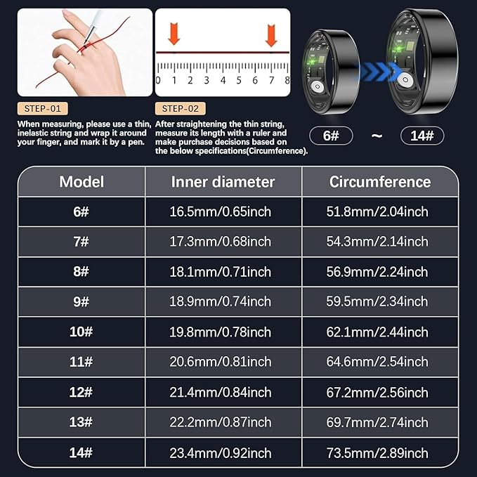 SEEVEN Smart Ring for Women Men, Fit Ring with Heart Rate, Blood Oxygen, HRV, Sleep Monitor, Stress, Step Counter, IP68 Waterproof Fitness Rings for iPhone & Android, No Subscription Fee (Black, 13#) - Image 2