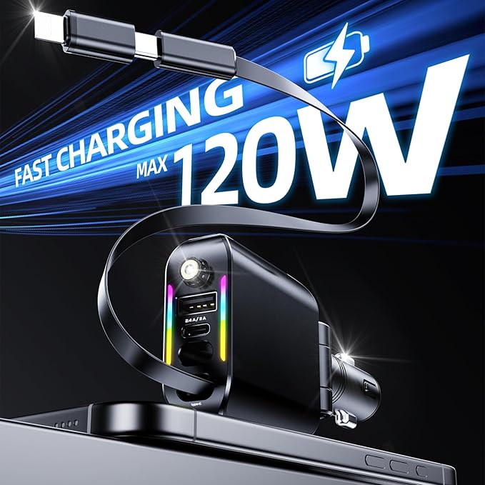 [2026 Ultra-Slim, 75% Less Space] Retractable Car Charger with Starlight, Max 120W USB C Car Charger Adapter, Cars Phone Chargers Fast Charging, Car Chargers for iPhone 17 16 Pro Max Plus and Android - Image 7