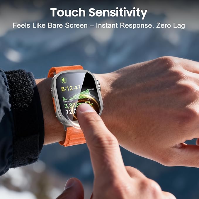 Uyiton for Apple Watch Ultra 3/2/1 Screen Protector - Titanium Alloy Frame & 9H Tempered Glass, Military Protection [Keep Original] Touch Sensitive iWatch Ultra Screen Protector 49mm, Natural, 2 Pack - Image 3