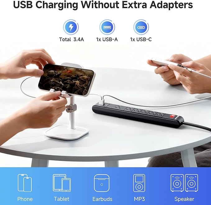 [ETL Listed] Cable Matters 2-Pack 6-Outlet Surge Protector Power Strip with USB C and USB Ports - 8ft Extension Cord, Surge Protector with USBC with 3.4A Total Charging Output, Black - Image 3