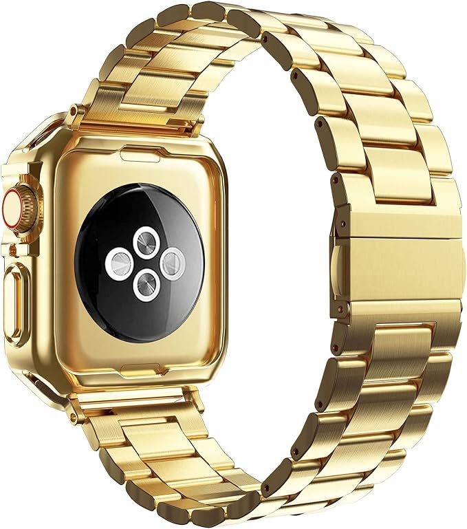 Compatible with Apple Watch Band and Case, Stainless Steel Metal Chain with TPU Cover, Smart-Watch Link Bracelet Strap, Wrist-Band for i-Watch Series 9 8 7 6 5 4 3 2 1 SE, 41mm 40mm 38mm, Gold - Image 2