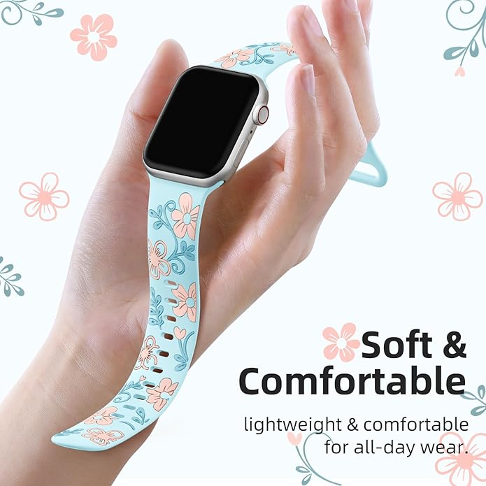Witzon Floral Band Compatible with Apple Watch Bands For Women 40mm 41mm 38mm 42mm 44mm 45mm 46mm 49mm, Engraved Cute Flower Silicone Dressy Strap for iWatch Series 11 10 9 8 7 6 5 4 3 2 SE Ultra - Image 3