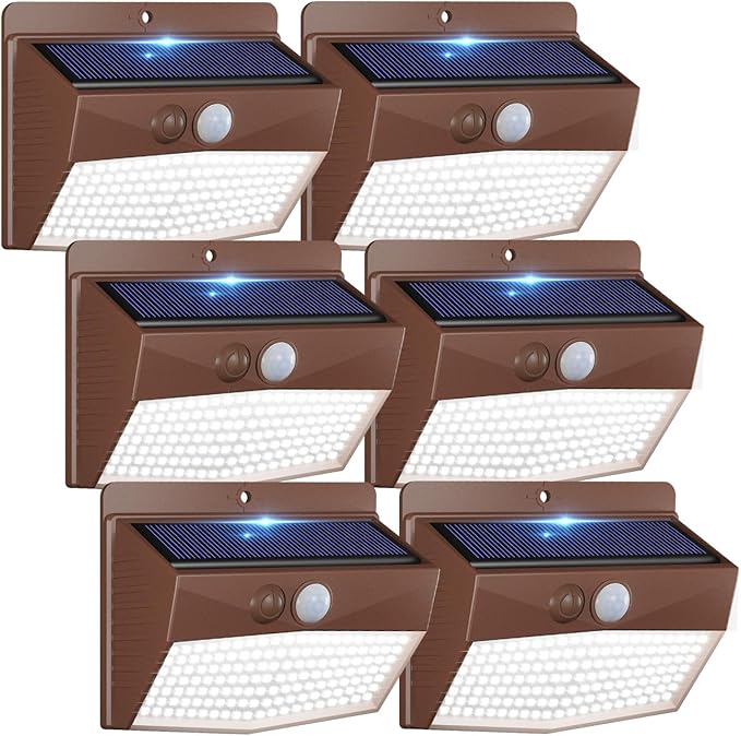 Peasur 6 Packs Solar Outdoor Lights Motion Sensor Solar Security Lights Waterproof with 3 Lighting Modes Solar Powered Wall Lights Outside for Garden Fence Yard Deck, Brown by Peasur