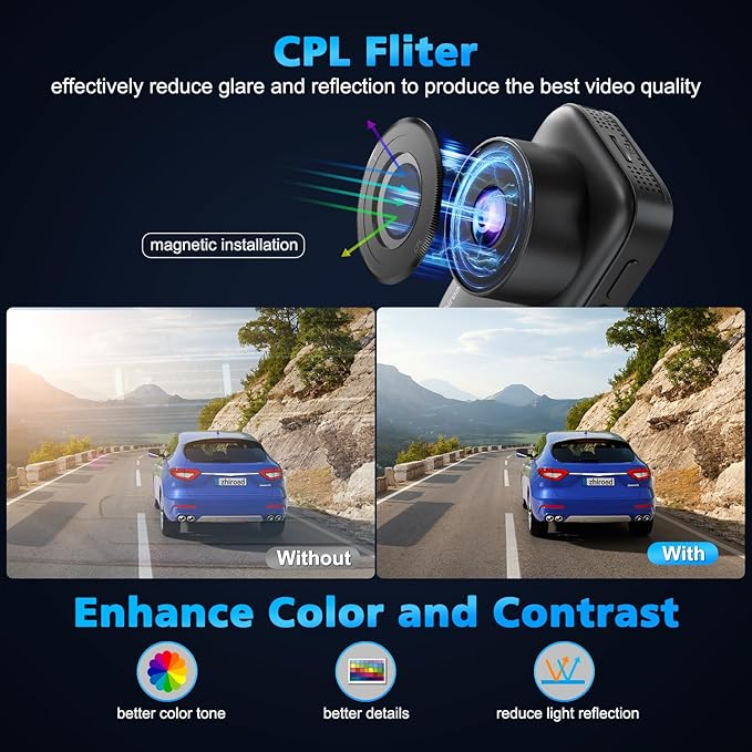 Dash Cam Front and Rear, 4K Dual Dash Cam with CPL Filter, Dash Camera for Cars-5GHz WiFi, 3" IPS Screen Dashcams for Cars with 64GB Card, App Control, Night Vision, Parking Monitor, Support 256GB Max - Image 6