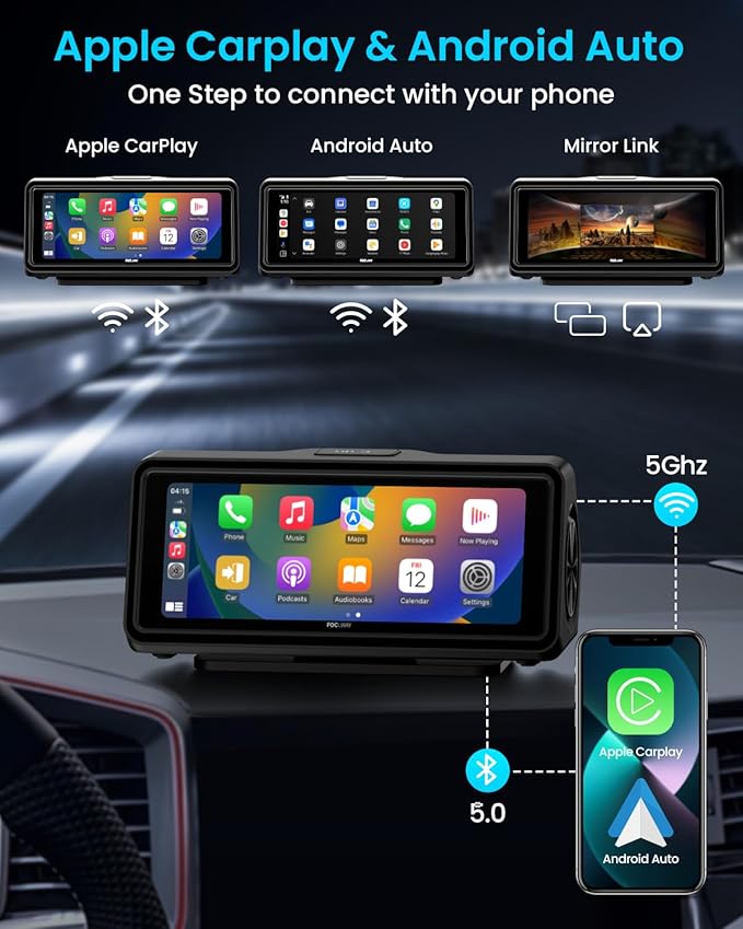 Portable Apple Carplay Screen for Car, Touch Screen with Wireless Android Auto, Car Audio Receivers with Voice Control, Mirror Link, Music Play, GPS Navigation, Built-in Customized Speakers (Black) - Image 2