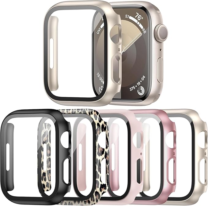 5 Pack Case with Tempered Glass Screen Protector for Apple Watch Series 9 8 7 41mm, PC Hard Ultra-Thin Slim Fit Scratch Resistant Bumper Protective Cover for iWatch S9 S8 S7 41mm Accessories by Haojavo