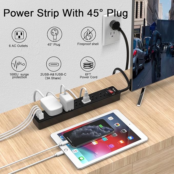 6Ft Power Strip Surge Protector - Yintar Extension Cord with 6 AC Outlets and 3 USB Ports for for Home, Office, Dorm Essentials, 1680 Joules, ETL Listed, (Black) - Image 2
