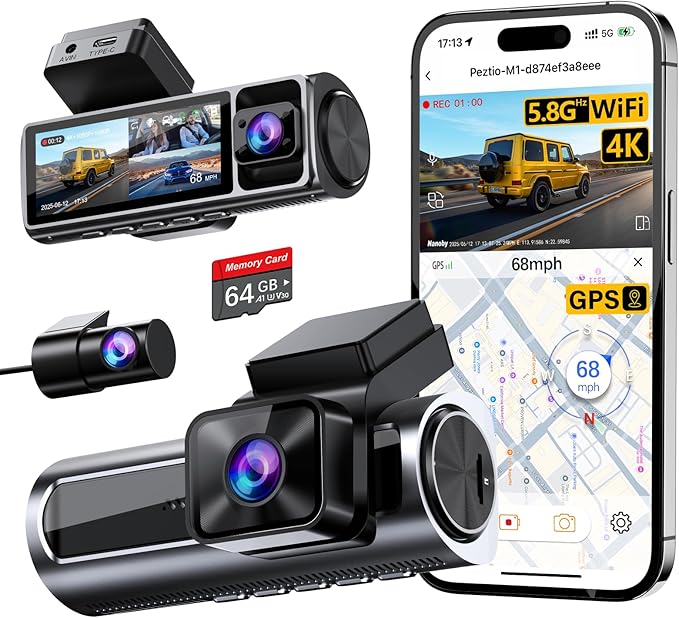 4K 3 Channel Dash Cam Front and Rear Inside, Built-in 5.8GHz WiFi GPS, 64GB Card Included, 4K+1080P+1080P Dash Camera for Cars, 3.18'' IPS Screen Dashcam with G-Sensor, 24H Parking Monitor by Unknown