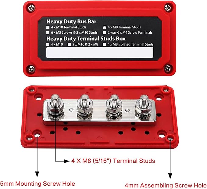 300A Bus Bar 12V Waterproof Marine Bus Bar Heavy Duty Module Design Power Distribution Block with 4 X M8(5/16") Terminal Studs 12V Terminal Block for Marine Car RV Truck Solar Systems (Red) - Image 2