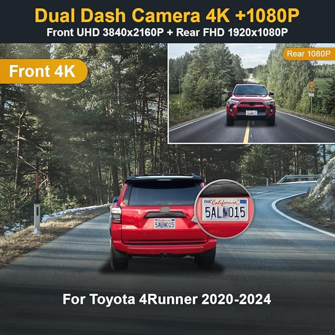 Fitcamx Front 4K+Rear 1080P Dash Cam for 2020-2024 Toyota 4Runner TRD Sport Limited Pro Off-Road Venture SR5 Premium, OEM Look, Loop Recording, Built-in WiFi&APP, G-Sensor, Easy to Use,128GB Card - Image 2