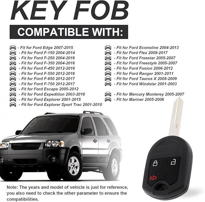 Car Key Fob Keyless Entry Remote Replacement Fit for CWTWB1U793 Ford F150 F250 F350 F450 Explorer Edge Escape Ranger Fusion Econoline Flex with 4D63 80Bit Chip, 315MHz 3 Buttons Key Fob (1) - Image 2