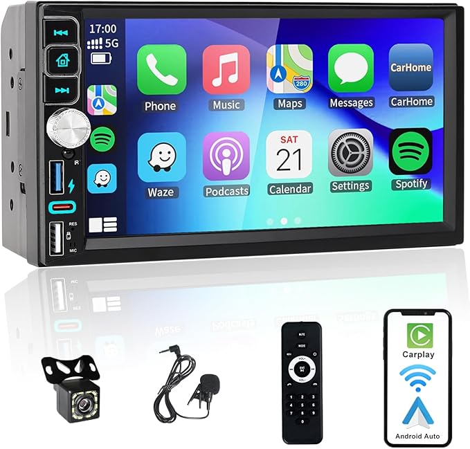 Double Din Car Stereo Bluetooth Compatible with [Wireless] Apple CarPlay/Android Auto 7“ Touchscreen AM/FM Radio Type-C USB (2.1A Fast Charge) Backup Camera by Alondy
