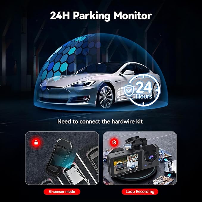 LOVEWE 3 Channel Dash Cam, 1080P Full HD Dash Cam, 170° Front, 110° Inside & 110° Rear Car Cameras, HDR Night Vision, G-Sensor & 24/7 Parking Monitor, Loop Recording with 32GB SD Card, Easy Install - Image 4