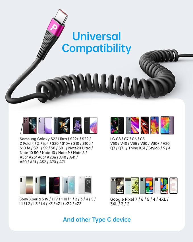 USB C Cable Fast Charging, 2Pack 5ft Coiled USB A to USB C Cable for Car, USB Type C Charger Cord Compatible with iPhone 17/16/15 Pro Max/Samsung Galaxy S20 S10 and More USB C Devices-Rose Red - Image 7