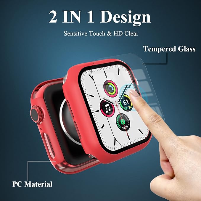 3 Pack Case Compatible with Apple Watch SE 3 Series 6/5/4 44mm with Tempered Glass Screen Protector, EWUONU Hard PC Full Coverage Ultra-Thin HD Bumper Protective Cover for iWatch 44mm, Black/White/Red - Image 2