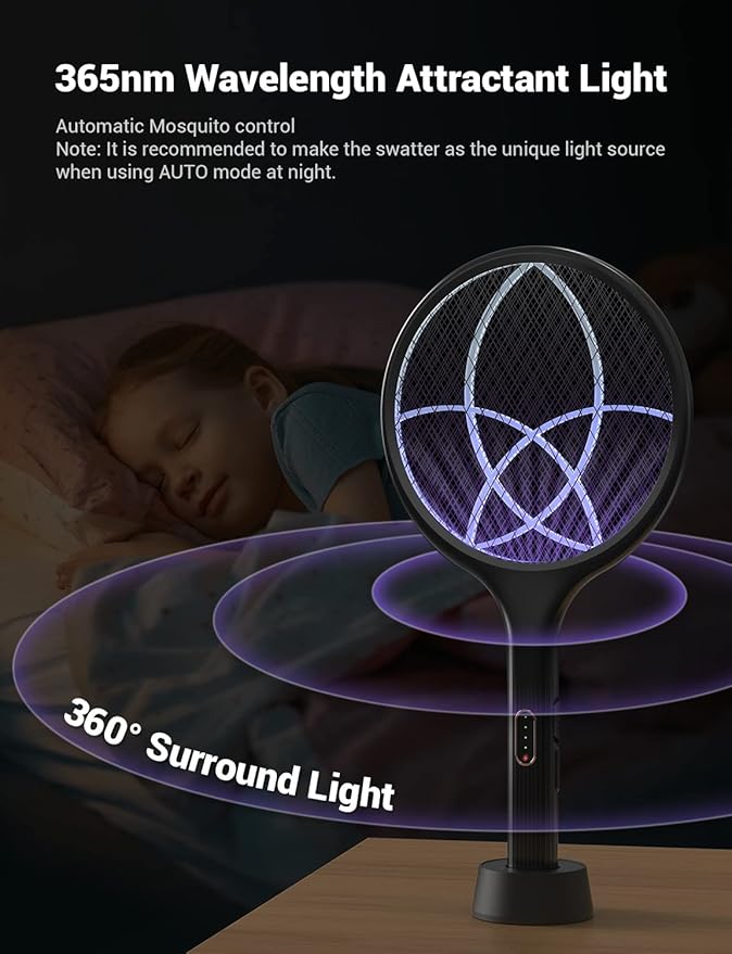 YISSVIC Electric Fly Swatter Bug Zapper Racket Dual Modes Mosquito Killer with Purple Mosquito Light Rechargeable for Indoor Home Office Backyard Patio Camping (Black 2 Pack) - Image 3