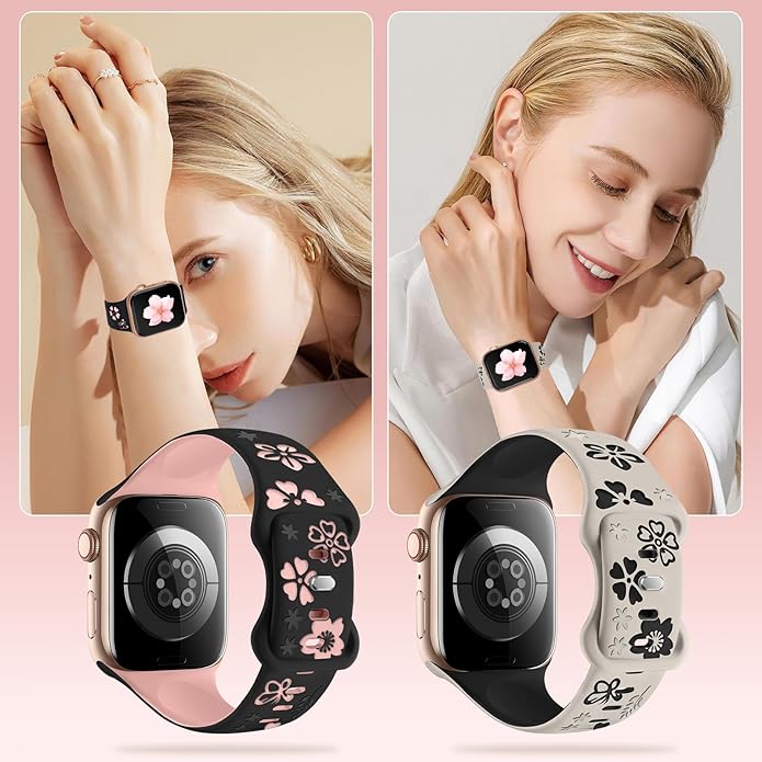 2 Pack Floral Engraved Bands for Apple Watch Band 38mm 40mm 41mm 42mm 44mm 45mm 46mm 49mm Women, Two-Tone Cute Flower Soft Silicone Sport Strap for iWatch S10 9 8 7 6 5 4 3 2 SE Ultra - Image 6