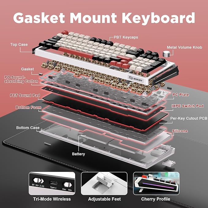 K98 Wireless Mechanical Keyboard,Tri-Mode BT5.0/2.4GHz/USB-C Hot Swappable Custom Keyboard,Gasket Structure,RGB Backlit Gaming Keyboard for Win & Mac(White&Red,Cocoa-V2 Switch) - Image 8