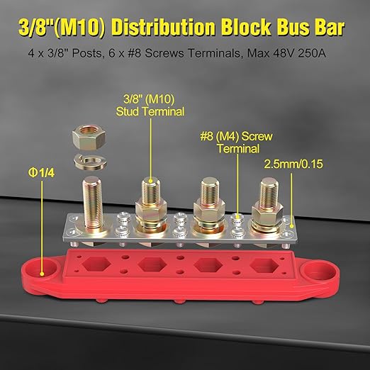 MOFEEZ Power Distribution Block Bus Bar, 4 x 3/8" Posts, 6 x #8 Screws Terminals, Max 48V 250A (Pair, Red & Black) - Image 4