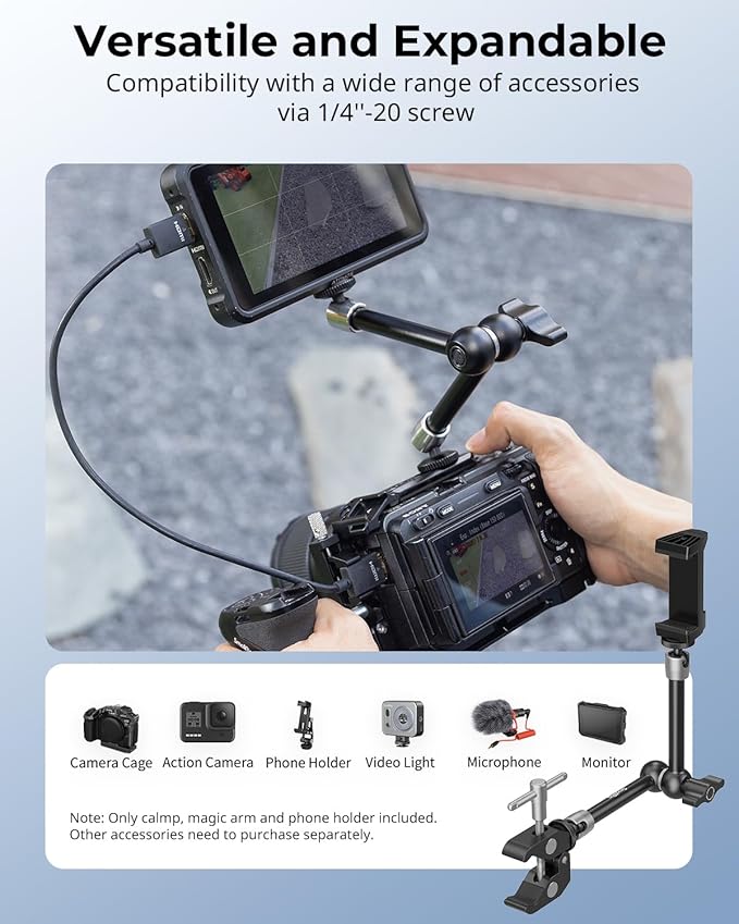 SmallRig Clamp w/ 1/4" and 3/8" Thread Holes, 9.8 Inches Adjustable Friction Power Articulating Magic Arm with Phone Holder for Action Cameras, Smartphones, LCD Monitor/LED Lights - 5326 - Image 4