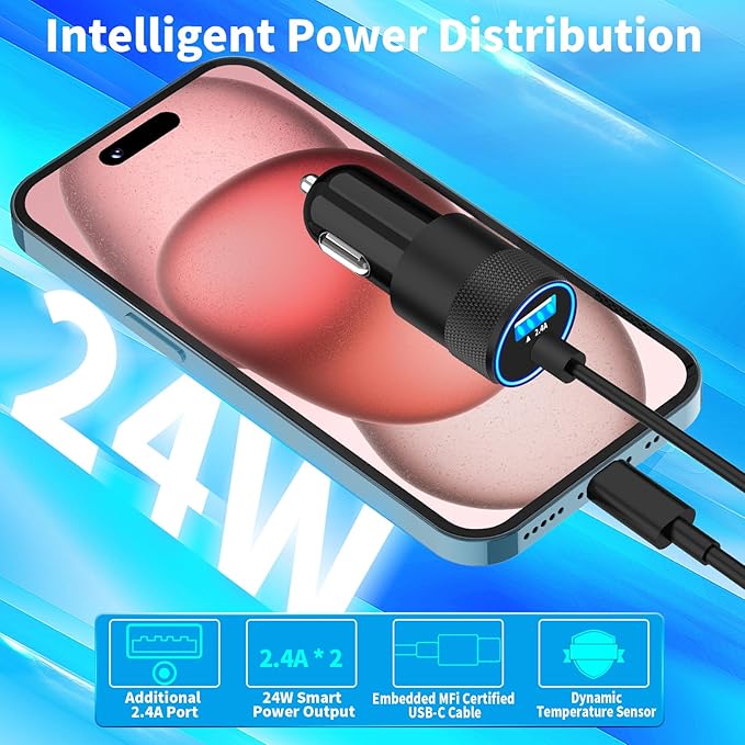 【Apple MFi Certified】iPhone 17 Car Charger, Caiinei 4.8A USB Car Power Cigarette Lighter Adapter USB-C Carplay Fast Charger + 6FT Type-C Cord for iPhone 17/17 Air/17 Pro Max/16/15/Galaxy S25/S24/Pixel - Image 5