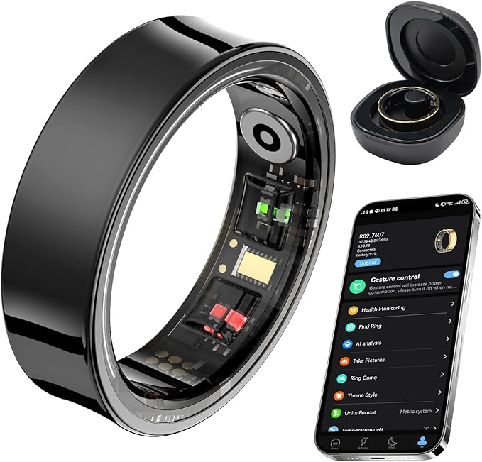 Smart Ring for Women Men, Fitness Tracker Ring with Body Temperature, Heart Rate, Blood Oxygen, Sleep Monitor, Calories, No Subscription Fee, IP68 Waterproof for iPhone & Android (Black, #11) by AMOVAN
