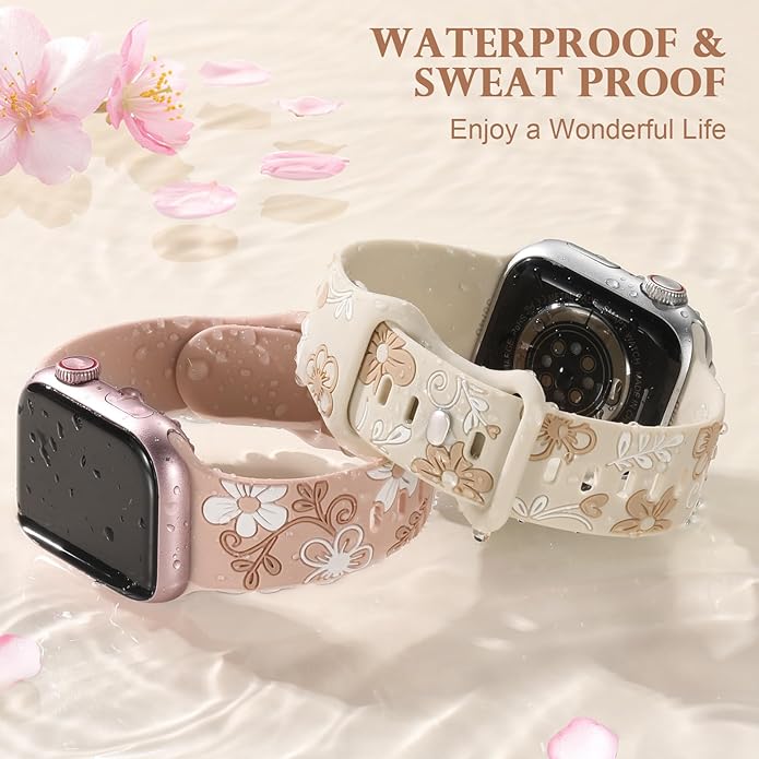 Witzon Floral Band Compatible with Apple Watch Bands For Women 40mm 41mm 38mm 42mm 44mm 45mm 46mm 49mm, Engraved Cute Flower Silicone Dressy Strap for iWatch Series 11 10 9 8 7 6 5 4 3 2 SE Ultra - Image 4