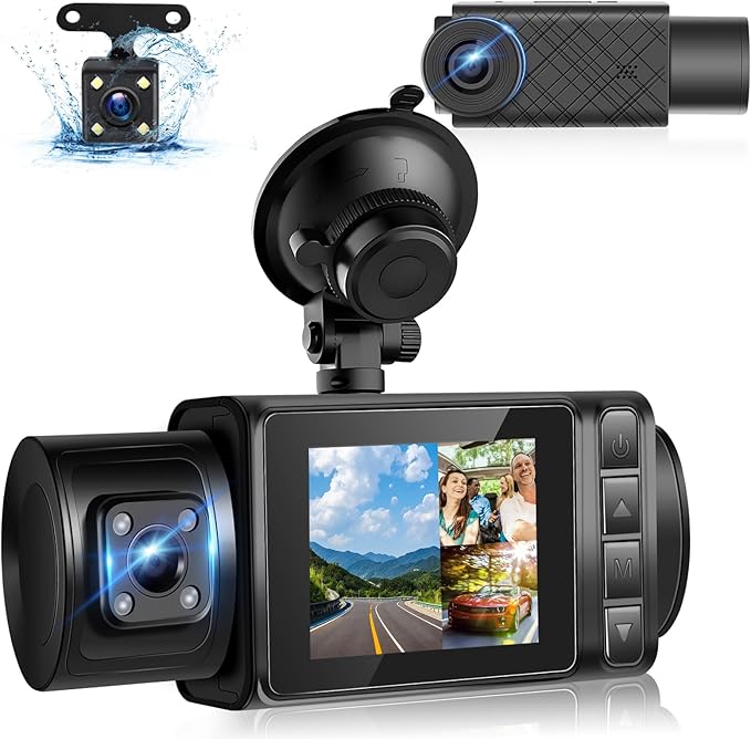 Podofo 3 Channel Dash Cam,1296P Dashcam Front and Inside,Triple Dash Cam Three Way Dash Camera for Cars,Car Camera with WDR Night Vision,150°Wide,G-Sensor,Loop Recording,24H Parking by podofo