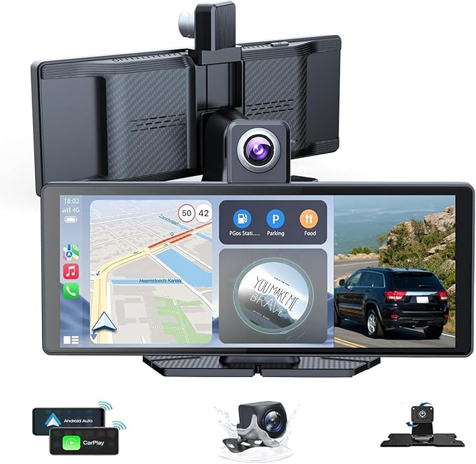 10.26" Wireless Portable Carplay Screen CarPlay & Android Auto Car Stereo 360 Rotation 4K Dash Cam 1080p Rear Camera Mirror Link Voice Control GPS Navigation(SD Card Excluded) by Unknown
