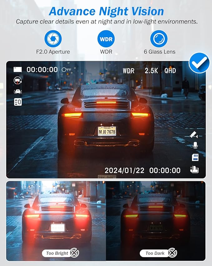 BAEASU Dash Cam Front and Rear 2.5K/1440P, 3 Channel Dash Camera for Cars Dash Cam Front Rear and Inside with 32GB Card, 3.16" IPS Screen, G-Sensor, Loop Recording, Night Vision, Parking Mode - Image 6