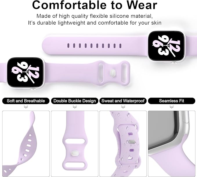 Sport Band Compatible with Apple Watch 38mm 40mm 41mm 42mm 44mm 45mm 46mm 49mm, Replacement Soft Silicone Strap Wristbands for iWatch Series 11/10/9/8/7/6/5/4/3/2/1 Ultra SE Women Men, Lavender - Image 3