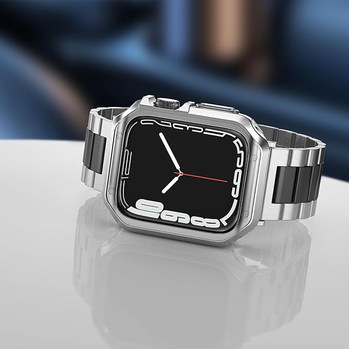 Compatible with Apple Watch Band and Case, Stainless Steel Metal Chain with TPU Cover, Smart-Watch Link Bracelet Strap, Wrist-Band for i-Watch Series 10 11, 42mm, Silver+Black - Image 3