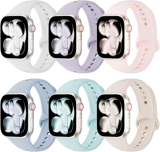6 Pack Silicone Bands Compatible with Apple Watch Band 38mm 40mm 41mm 42mm 44mm 45mm 46mm 49mm Women Men, Soft Sport Strap Replacement Wristband for iWatch Series 11 10 9 8 SE 7 6 5 4 3 2 1 Ultra by Slimband