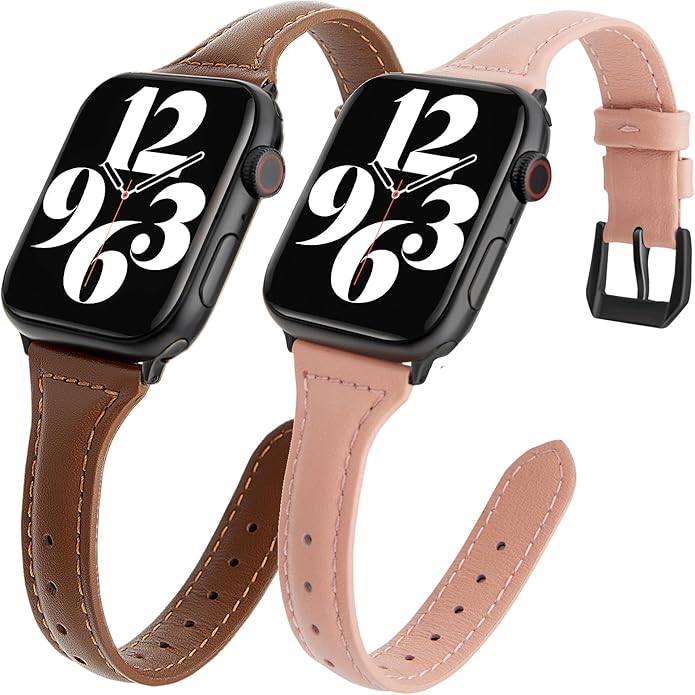 2 pack Slim Genuine Leather Bands Compatible with Apple Watch Band 38mm 40mm 41mm 42mm 44mm 45mm 49mm,Top Layer Leather Watch Thin Women Men Straps for iWatch Series 9/8/7/6/5/4/3/2/1 Ultra SE by SEURE