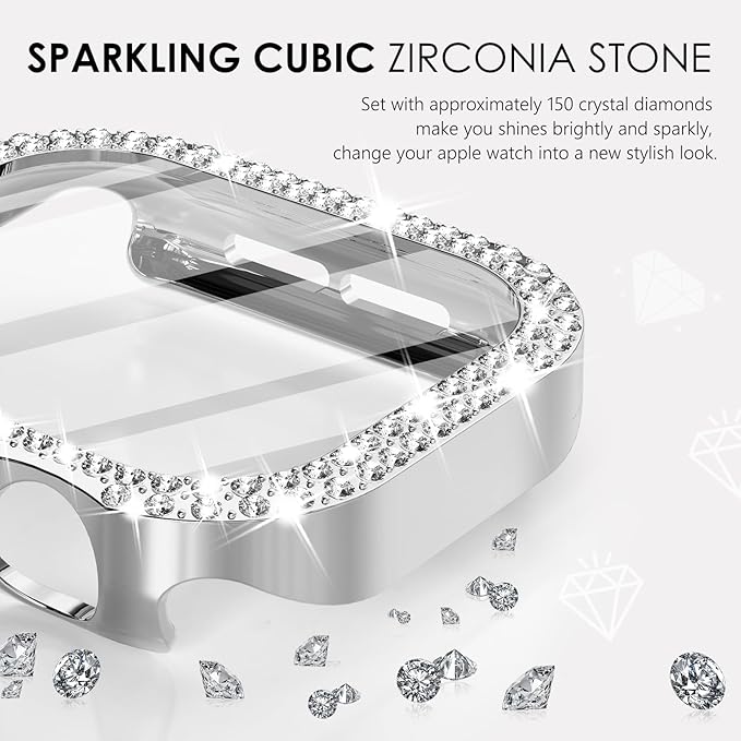 Surace Bling Apple Watch Case with Screen Protector Compatible with Apple Watch Series 11 Series 10 46mm, Crystal Diamond Overall Protective Case Face Cover Bumper 46mm, Silver - Image 2