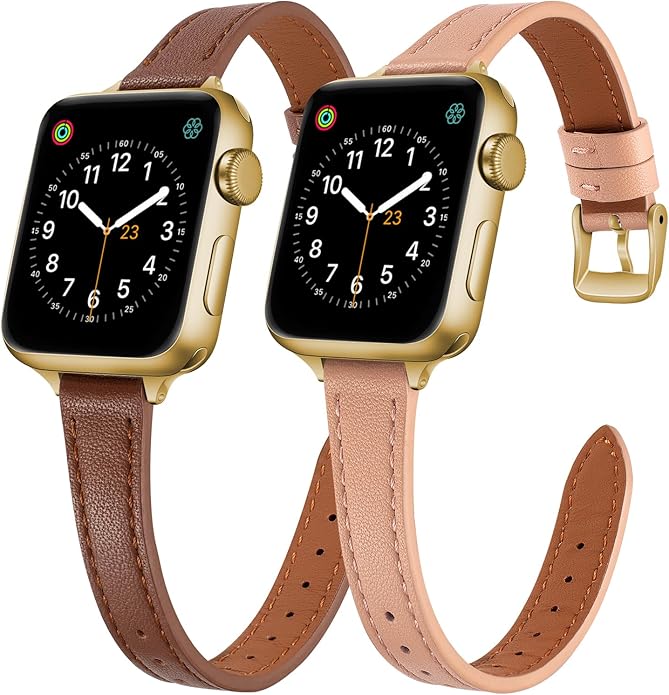 SEURE 2-pack Leather Bands Compatible with Apple Watch Band for women 38mm 40mm 41mm 42mm 44mm 45mm 46mm 49mm,Genuine Leather Band Slim Thin Strap for iWatch Ultra SE Series 11/10/9/8/7/6/5/4/3/2/1 by SEURE