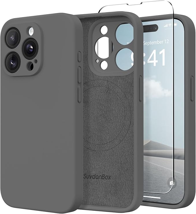 Magnetic for iPhone 15 Pro Case, Compatible with MagSafe, [Full Camera Protection][Screen Protector] Silicone Shockproof Protective Phone Case for iPhone 15 Pro 6.1", Dark Gray by SUYDANBOX