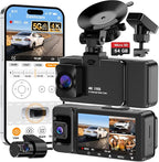 3 Channel 4K Dash Cam Front and Rear Inside, Wide-Angle 360 Camera for Car with 64GB Card Included, Durable Material Dash Camera with Loop Recording, Night Vision, G-Sensor, 5GHz WiFi, 24Hr Parking by IBBWB
