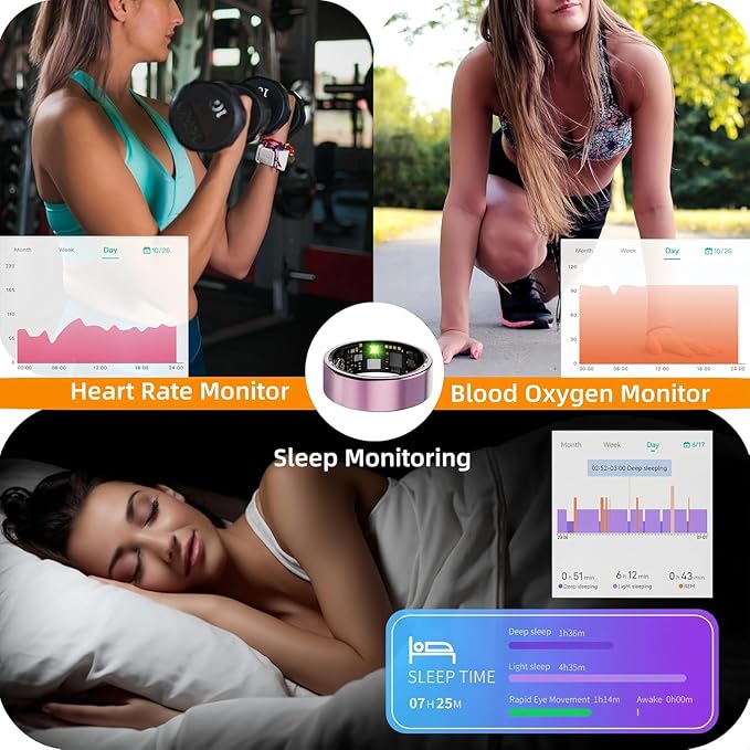 Smart Ring for Women Men, Health Tracker with Heart Rate/Blood Oxygen/Blood Pressure/Sleep Monitoring/Step Counting, IP68 Waterproof Fitness Ring - Image 3