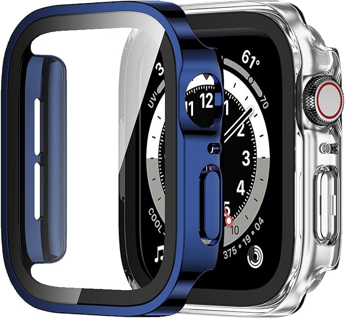 Amizee 2 Pack Compatible with Apple Watch Case 44mm Series 6/5/4/SE with Built-in Screen Protector, Hard PC Case Straight Edge Ultra Thin Anti-Scratch Protective Cover for iWatch 44mm (Blue/Clear) by Amizee