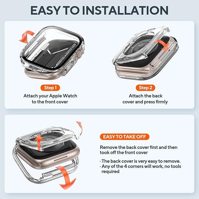 2 Pack 2 in 1 Waterproof Case for Apple Watch Series SE 6 5 4 40mm, Straight Edge PC Front & Back Bumper with Tempered Glass Screen Protector 360 Protective Cover for iWatch (40mm, Clear/Clear) - Image 4