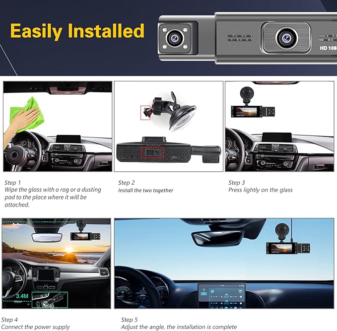 Hikity 3.16" 2 Channel Dash Cam 180° View Front and Rear Inside, 1080P Dash Camera for Cars Left Right, IR Night Vision, WiFi APP Control, G-Sensor, Loop Recording, with Free 64GB Card - Image 8