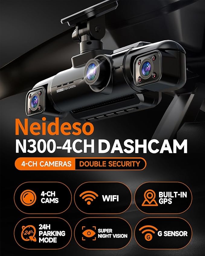 Neideso 360° Dash Cam Front and Rear Inside, 4 Channel FHD 4 * 1080P, Wi-Fi GPS Voice Control Car Camera, Front 2K+1080P*2 Dash Camera for Cars, with 64GB SD Card, Night Vision, 24H Parking Mode(N300) - Image 3