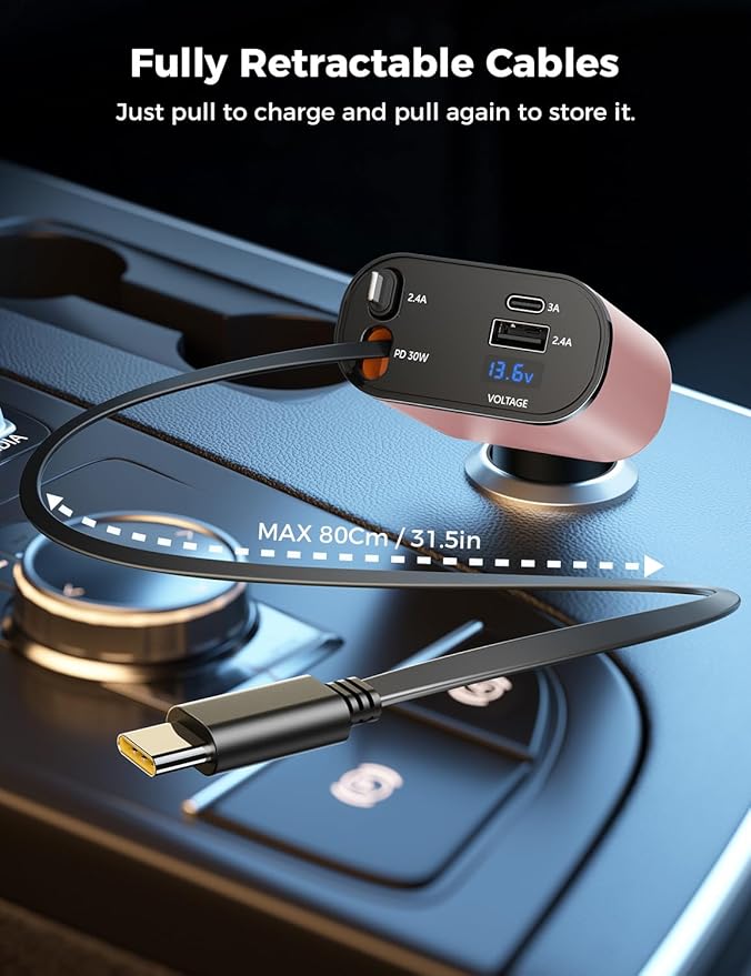 SUPERONE 【Upgraded】 Retractable Car Charger 4 in 1, Fast Car Phone Charger with Cord 2.6ft, USB C Car Charger Adapter, Compatible with iPhone 17/16/15/15 Pro Max/14/13/12/11, Galaxy, Pixel - Image 2